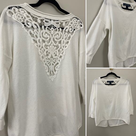 French Connection Minimalist Modern 100% Cotton Lace Crochet Back Boxy Sweater M - Picture 1 of 9